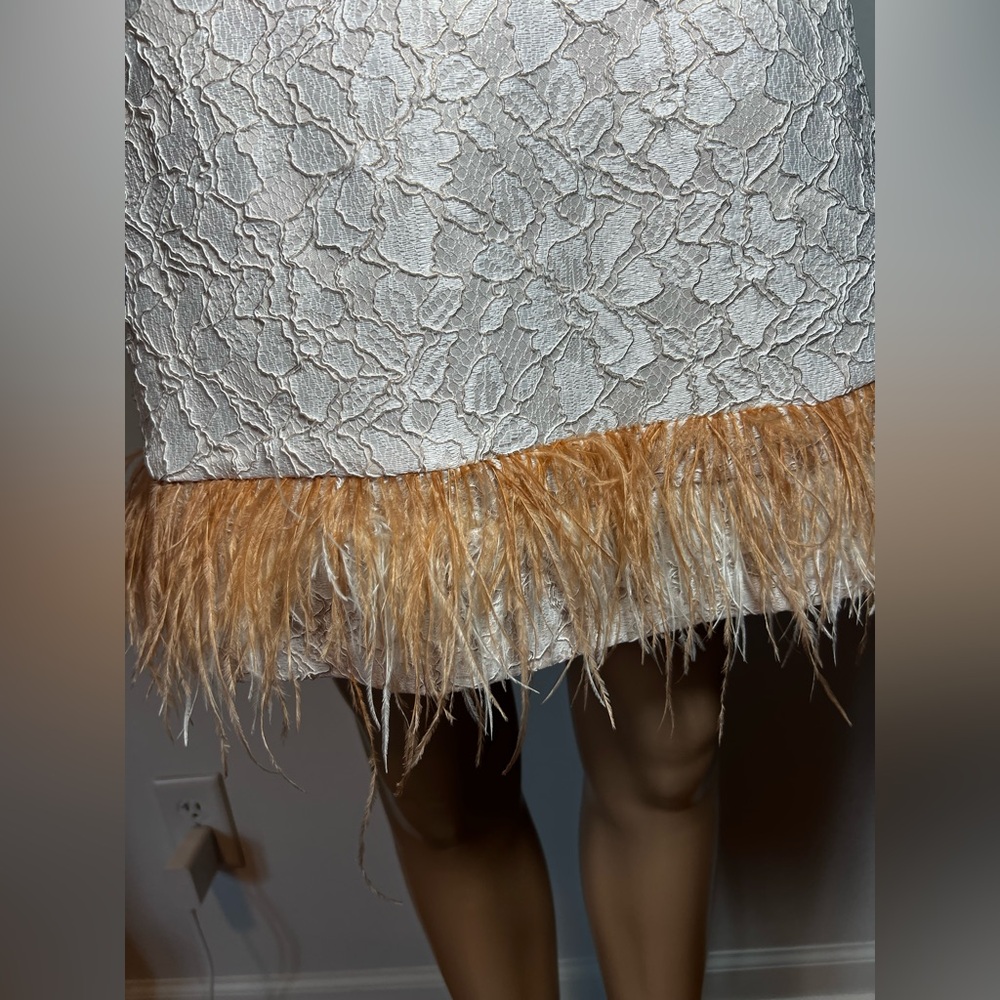 Taylor White Lace Mini Dress with Tan Feather Trim - Picture 6 of 10